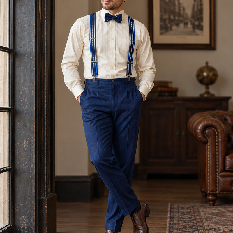 20er Jahre Herren Outfit blau mit Hosenträgern, Fliege und Schiebermütze