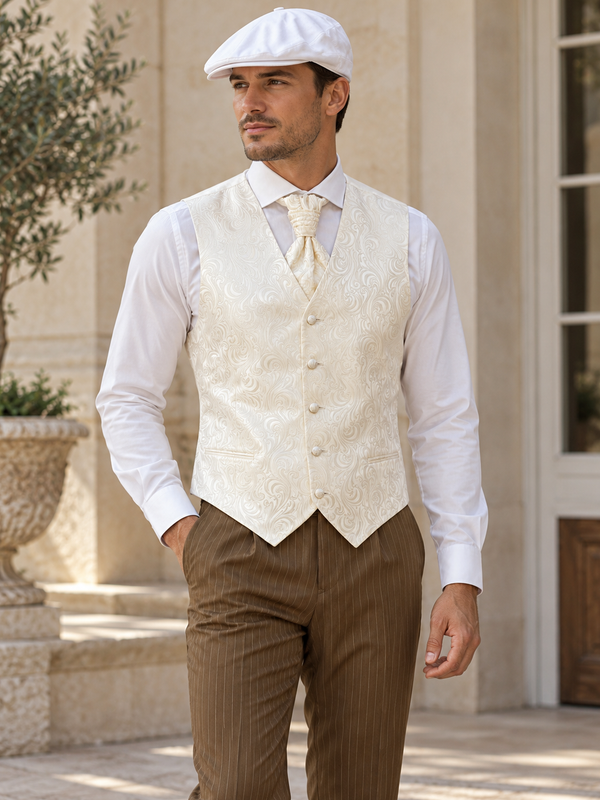 20er Jahre Herren Outfit mit cremefarbener Weste und brauner Nadelstreifenhose