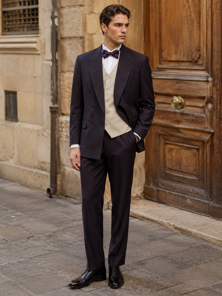 KI-generiertes Bild eines eleganten 20er Jahre Herren Outfits Gr. 28 mit dunklem Anzug, heller Weste, Hemd und Fliege.