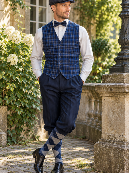 KI-Tragebeispiel 20er Jahre Herren Outfit Gr. 50 mit blauer karierter Weste, Knickerbockerhose, Schiebermütze und Fliege