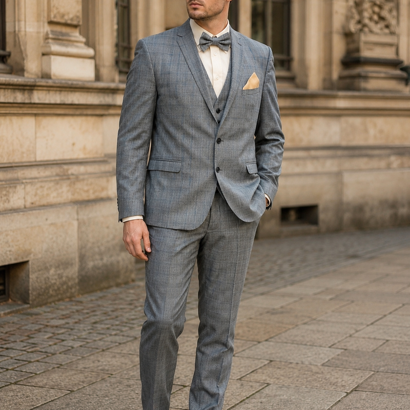 KI-generiertes Bild eines 20er Jahre Herren Outfits Gr. 52 mit grauem Karoanzug, Weste, Fliege, Einstecktuch und Schiebermütze
