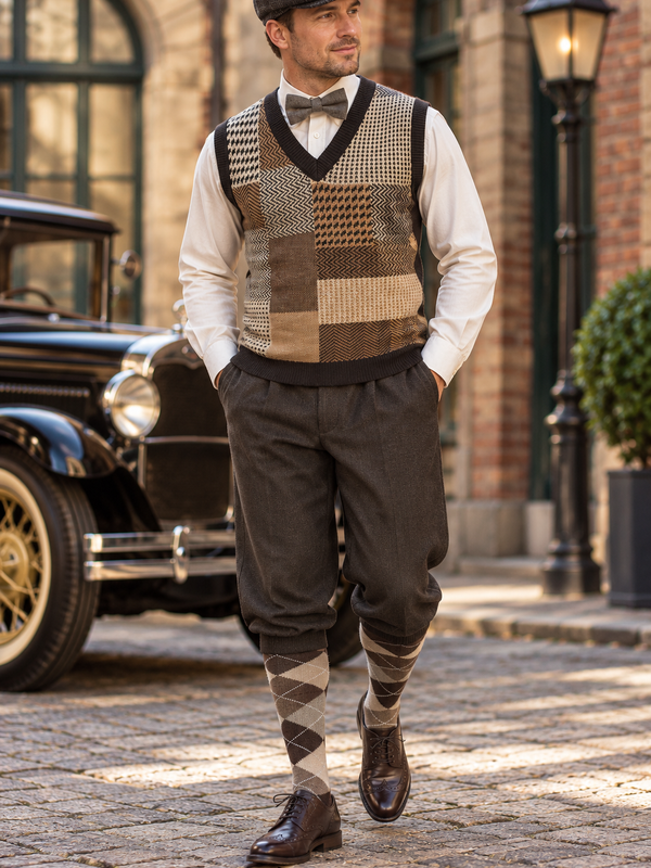 KI-Tragebeispiel 20er Jahre Herren Outfit Gr. 56 mit gemustertem Pullunder, Knickerbockerhose, Schiebermütze, Fliege und Rautenstrümpfen