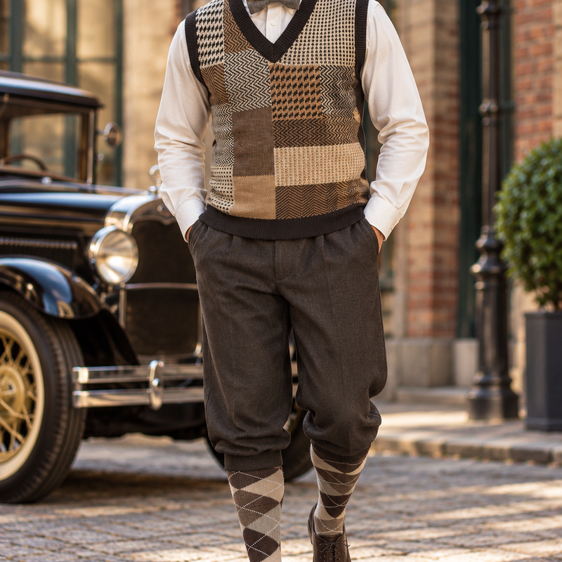 KI-Tragebeispiel 20er Jahre Herren Outfit Gr. 56 mit gemustertem Pullunder, Knickerbockerhose, Schiebermütze, Fliege und Rautenstrümpfen