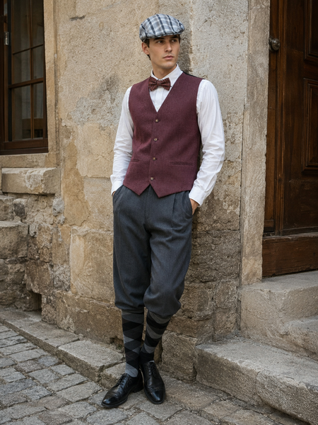 KI-generiertes Bild eines männlichen Models im 20er Jahre Herren Outfit Gr. 58 mit bordeauxroter Weste, grauer Knickerbocker, Fliege und Schiebermütze.