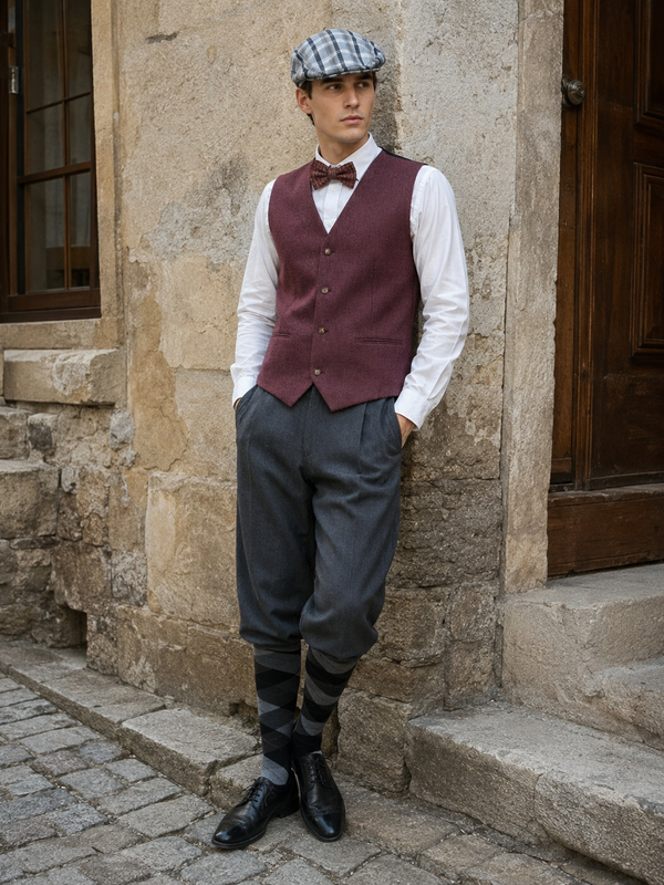 KI-generiertes Bild eines männlichen Models im 20er Jahre Herren Outfit Gr. 58 mit bordeauxroter Weste, grauer Knickerbocker, Fliege und Schiebermütze.