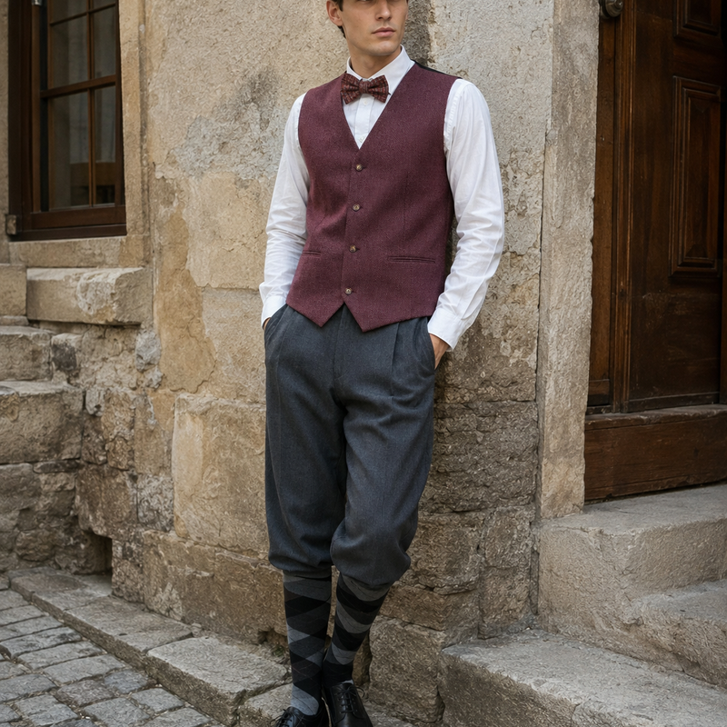 KI-generiertes Bild eines männlichen Models im 20er Jahre Herren Outfit Gr. 58 mit bordeauxroter Weste, grauer Knickerbocker, Fliege und Schiebermütze.