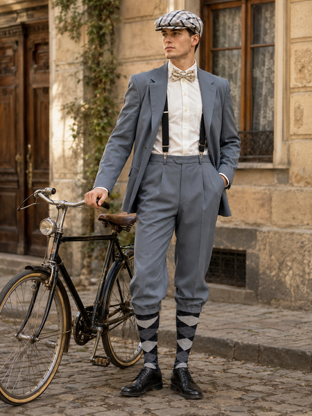 „Graues 20er Jahre Herren Outfit mit Knickerbocker Hose, karierten Kniestrümpfen, Fliege, Hosenträgern und Schiebermütze an männlichem Modell mit historischem Fahrrad“