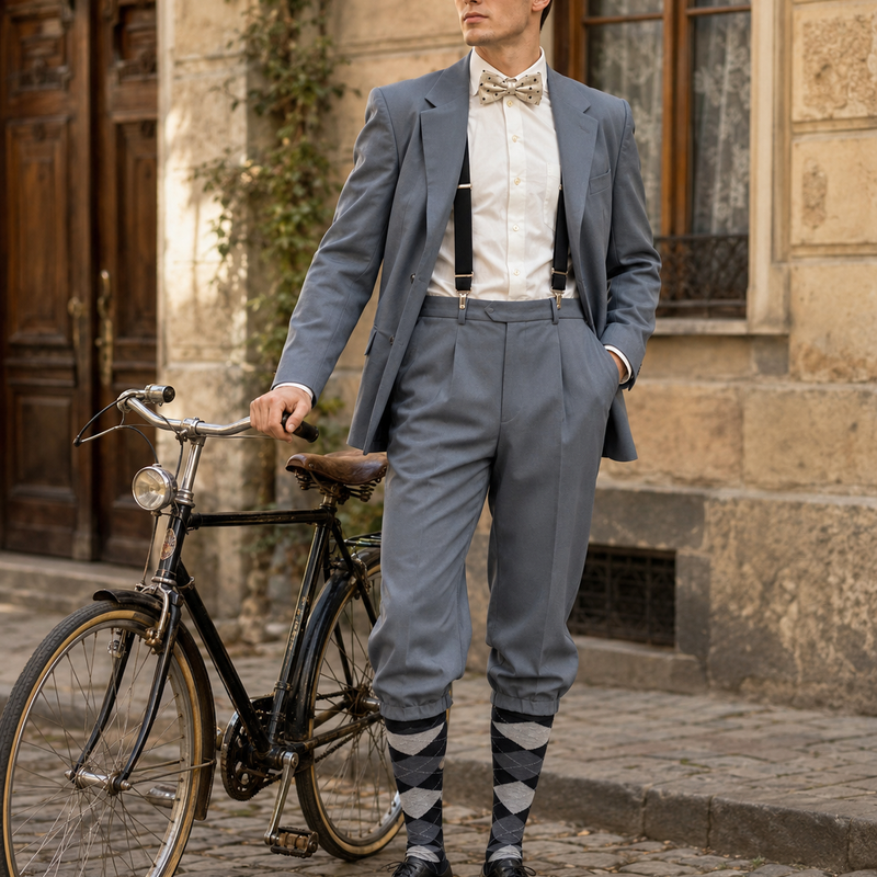 „Graues 20er Jahre Herren Outfit mit Knickerbocker Hose, karierten Kniestrümpfen, Fliege, Hosenträgern und Schiebermütze an männlichem Modell mit historischem Fahrrad“