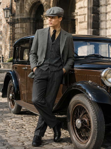 „Graues 20er Jahre Herren Outfit mit Sakko, dunkler Weste, schwarzer Krawatte, Schiebermütze und weiter Hose an männlichem Modell vor historischem Oldtimer“