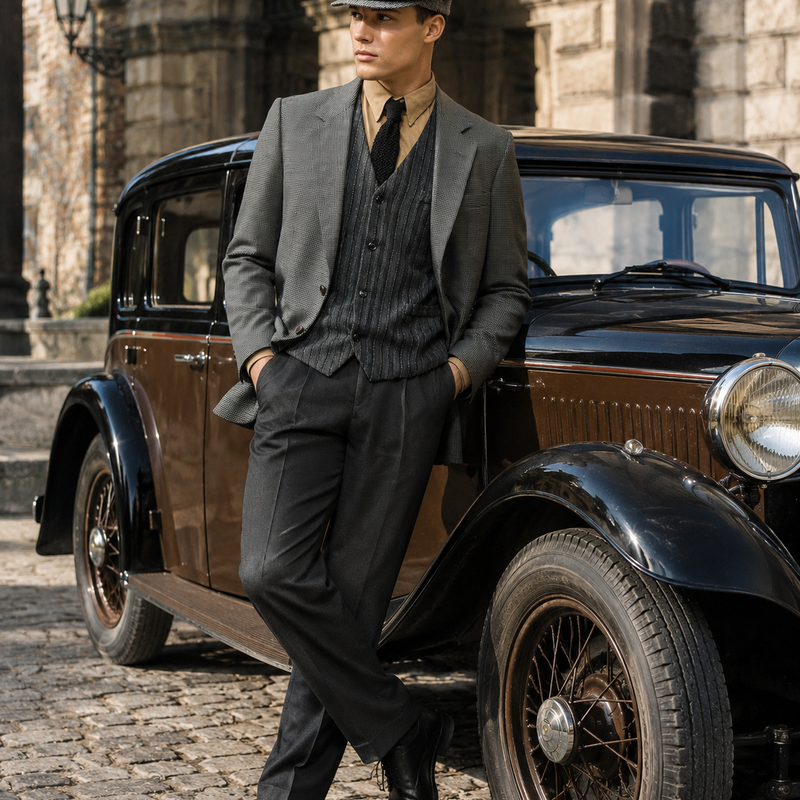 „Graues 20er Jahre Herren Outfit mit Sakko, dunkler Weste, schwarzer Krawatte, Schiebermütze und weiter Hose an männlichem Modell vor historischem Oldtimer“
