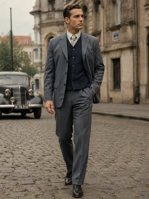 „20er Jahre Herren Outfit mit grauem Anzug, dunkler Weste und heller Krawatte im Vintage Stil“