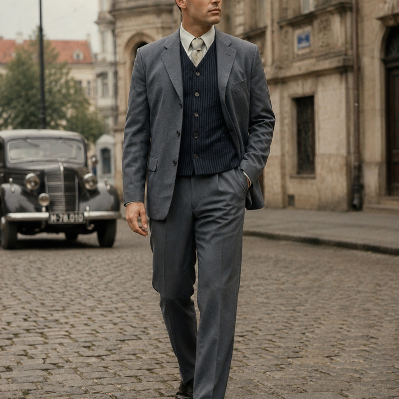 „20er Jahre Herren Outfit mit grauem Anzug, dunkler Weste und heller Krawatte im Vintage Stil“