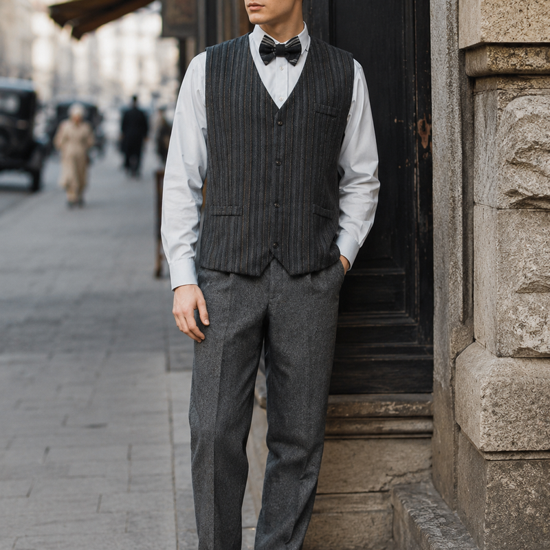 „Vintage Herren Outfit im 20er Jahre Stil mit Weste, Fliege und Schiebermütze“