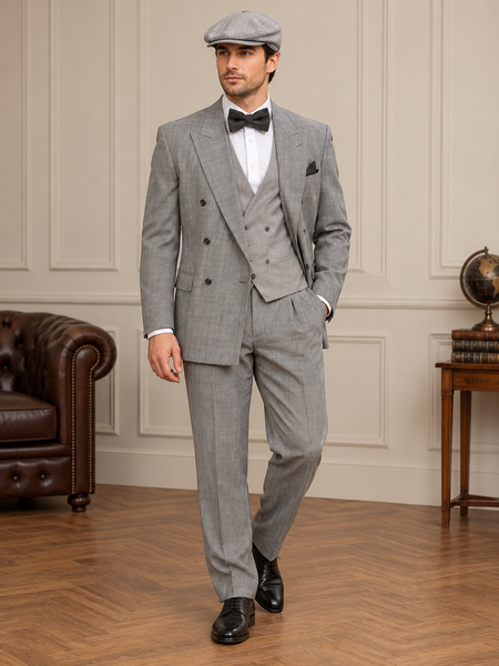 20er Jahre Herren Outfit grau mit Weste, Fliege und Schiebermütze