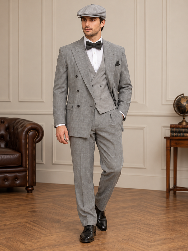 20er Jahre Herren Outfit grau mit Weste, Fliege und Schiebermütze