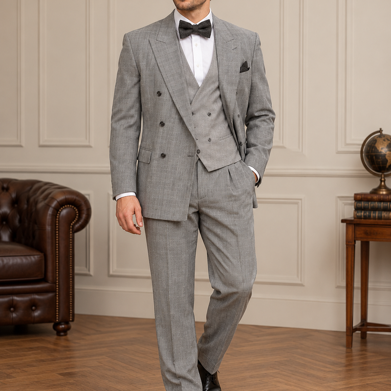 20er Jahre Herren Outfit grau mit Weste, Fliege und Schiebermütze