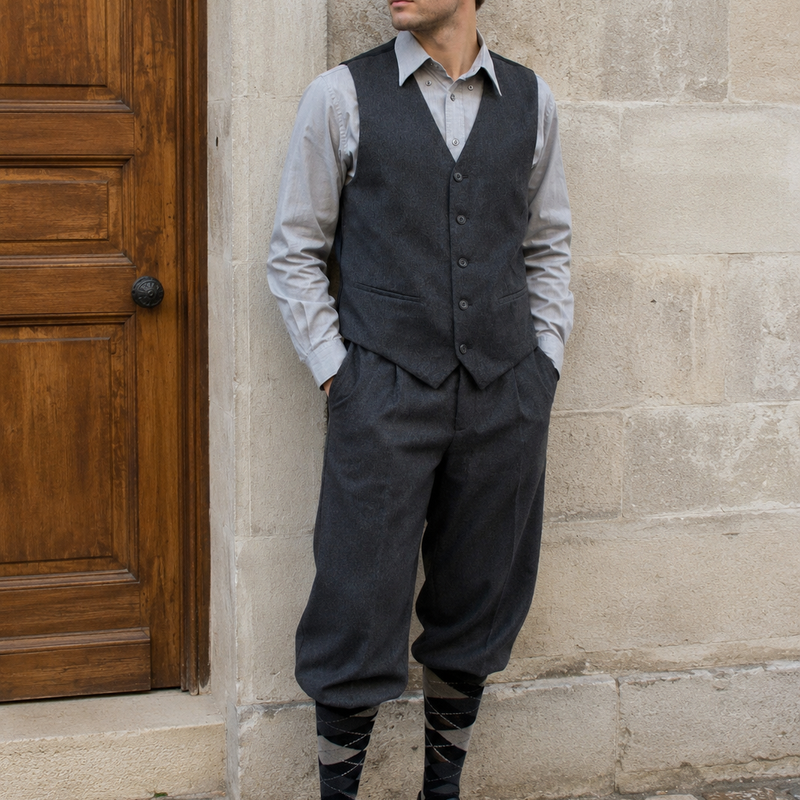 20er Jahre Herren Outfit graue Knickerbocker Weste Schiebermütze