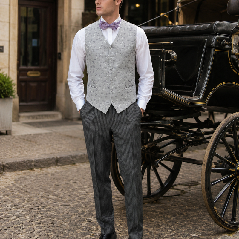 „20er Jahre Herren Outfit mit grauer gemusterter Weste, weißem Hemd, lila Fliege, grauer Stresemannhose und Schiebermütze in historischer Umgebung“