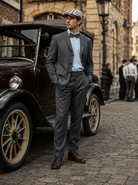 „20er Jahre Herren Outfit mit grauem Anzug, Fliege und Schiebermütze vor Oldtimer in historischer Straßenszene“