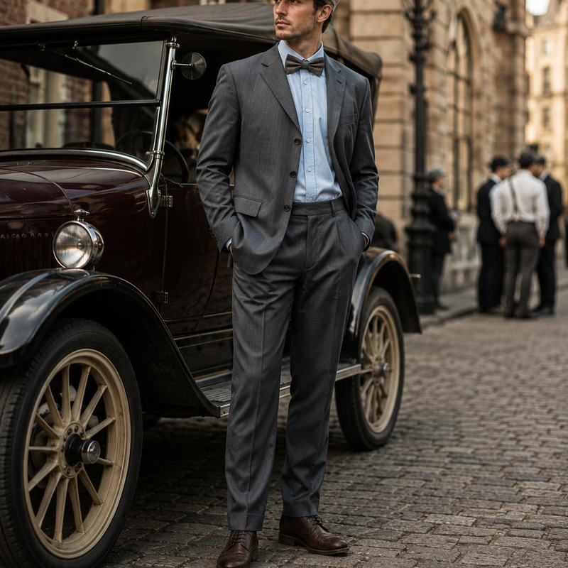 „20er Jahre Herren Outfit mit grauem Anzug, Fliege und Schiebermütze vor Oldtimer in historischer Straßenszene“