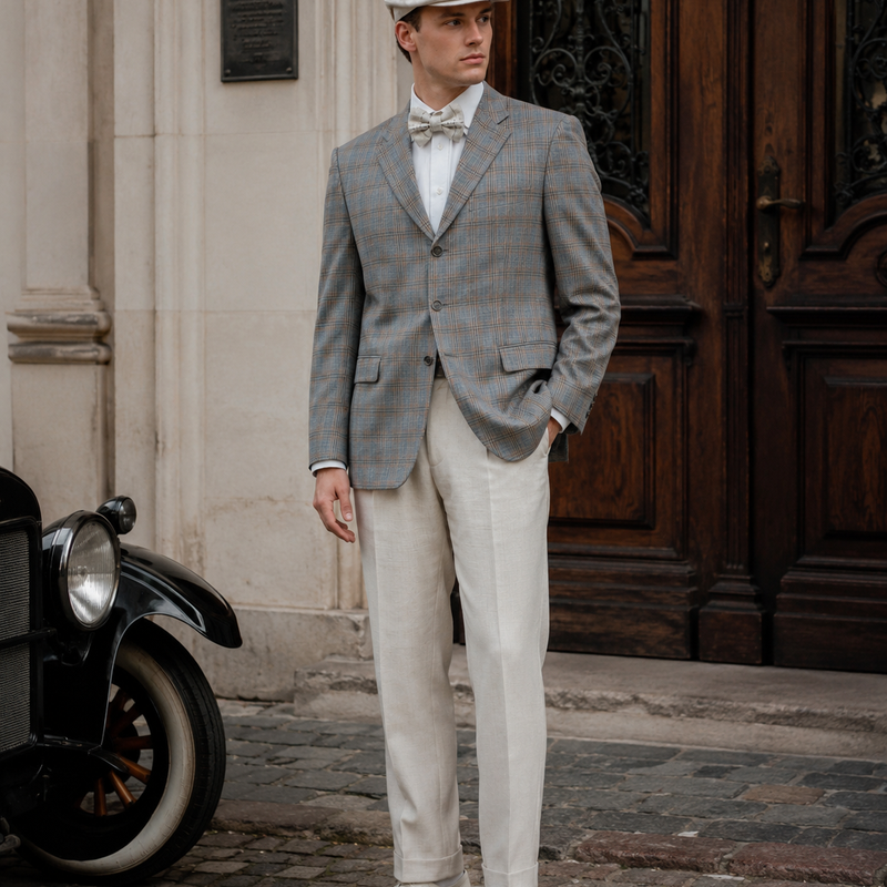 KI-generiert: 20er Jahre Herren Outfit mit grauem Karo-Sakko, heller Hose, Fliege und Schiebermütze im Vintage-Stil.
