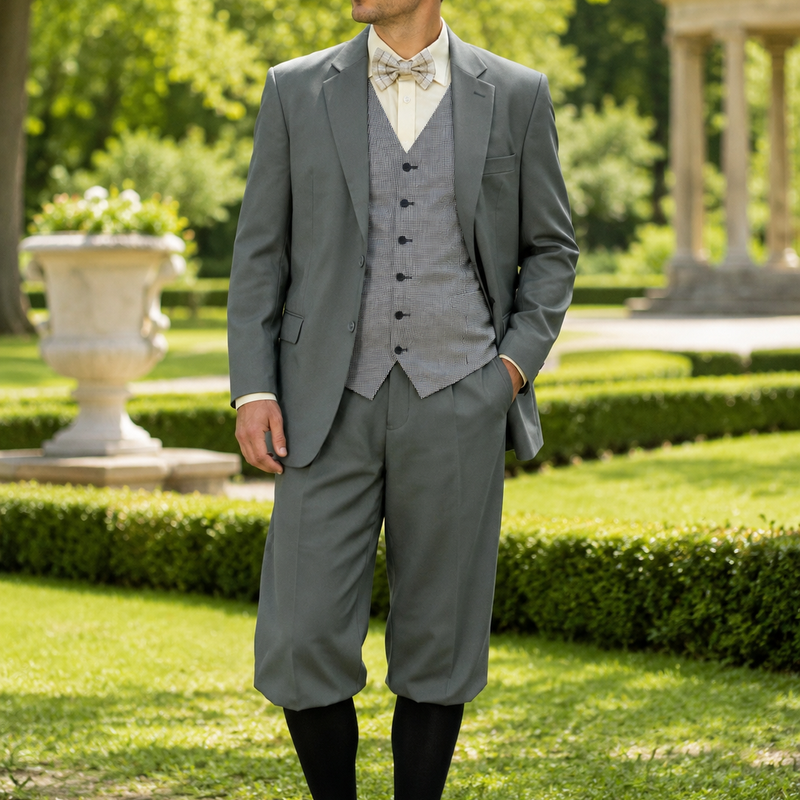 „Vintage Herren Sommerlook im 20er Jahre Stil mit graugrünem Anzug, Knickerbocker, Weste, Fliege und Schiebermütze vor grüner Parkkulisse“
