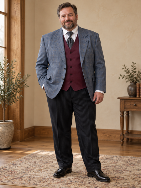 Kräftiges Herrenmodell im 20er-Jahre-Outfit mit grau kariertem Sakko, bordeauxroter Weste und schwarzer Stresemannhose.