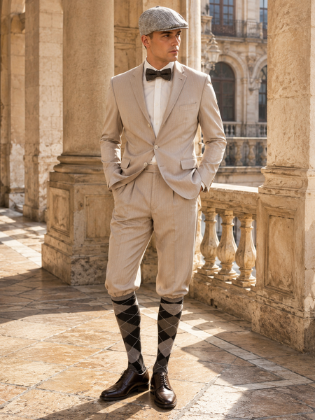 „Helles 20er Jahre Herren Outfit mit beigem Sakko, Knickerbocker Hose, karierter Schiebermütze, Fliege und gemusterten Kniestrümpfen an männlichem Modell in historischer Umgebung“