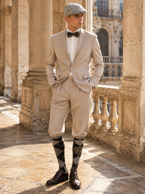 „Helles 20er Jahre Herren Outfit mit beigem Sakko, Knickerbocker Hose, karierter Schiebermütze, Fliege und gemusterten Kniestrümpfen an männlichem Modell in historischer Umgebung“
