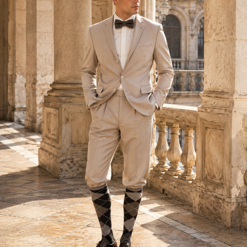 „Helles 20er Jahre Herren Outfit mit beigem Sakko, Knickerbocker Hose, karierter Schiebermütze, Fliege und gemusterten Kniestrümpfen an männlichem Modell in historischer Umgebung“