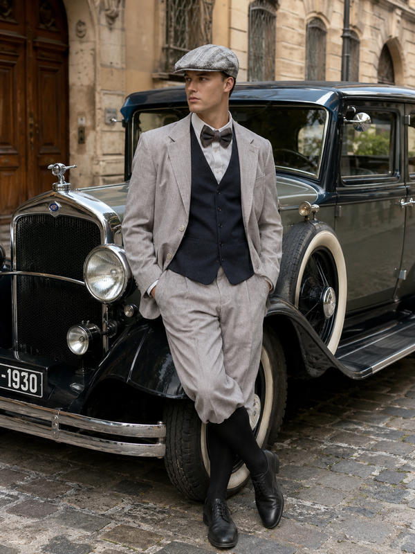 „20er Jahre Herren Outfit mit hellem Anzug, dunkler Weste, Fliege, karierter Schiebermütze und Knickerbocker Hose an männlichem Modell vor historischem Oldtimer“