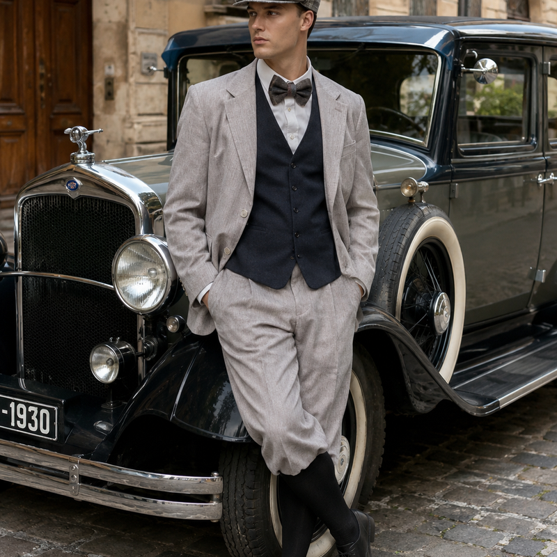 „20er Jahre Herren Outfit mit hellem Anzug, dunkler Weste, Fliege, karierter Schiebermütze und Knickerbocker Hose an männlichem Modell vor historischem Oldtimer“