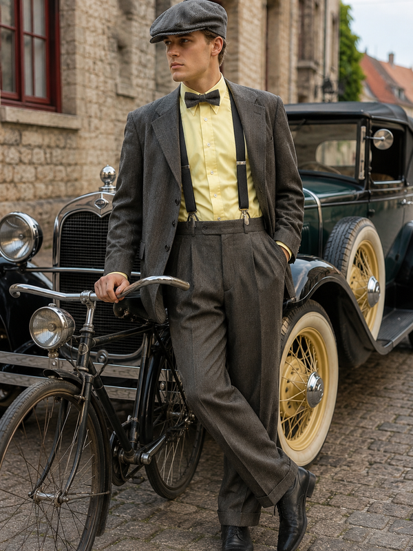 „20er Jahre Herren Outfit mit graubraunem Sakko, gelbem Hemd, Fliege, Hosenträgern und Schiebermütze vor historischem Oldtimer“