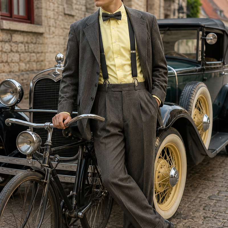 „20er Jahre Herren Outfit mit graubraunem Sakko, gelbem Hemd, Fliege, Hosenträgern und Schiebermütze vor historischem Oldtimer“