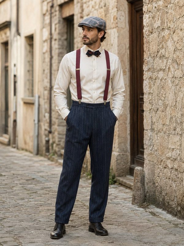 KI-generiertes Bild eines 20er Jahre Herren Outfits mit Hemd, Hosenträgern, Fliege, Schiebermütze und dunkler Bundfaltenhose in historischer Gasse.