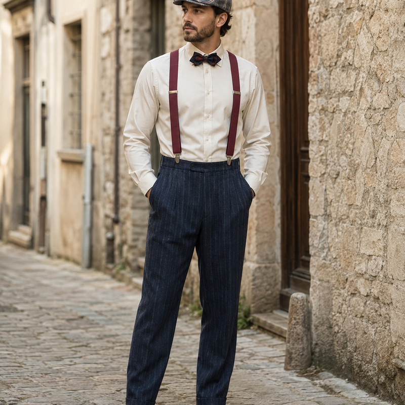 KI-generiertes Bild eines 20er Jahre Herren Outfits mit Hemd, Hosenträgern, Fliege, Schiebermütze und dunkler Bundfaltenhose in historischer Gasse.