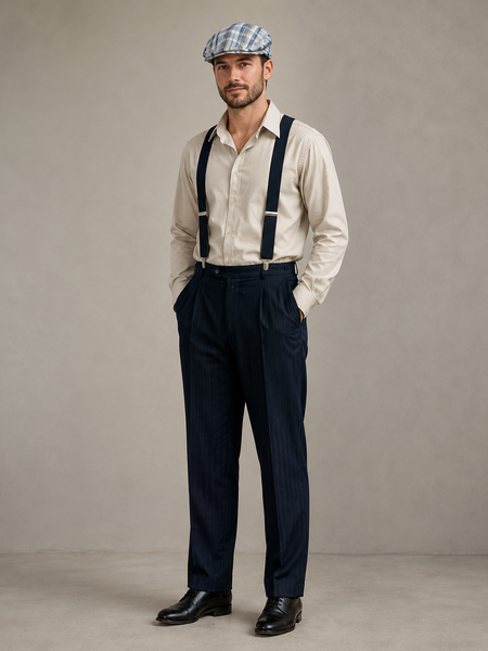 KI-generiertes 20er Jahre Herren Outfit mit Hosenträgern, Nadelstreifenhose, Hemd und Schiebermütze.