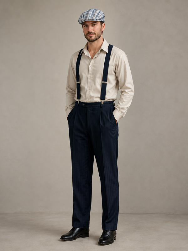 KI-generiertes 20er Jahre Herren Outfit mit Hosenträgern, Nadelstreifenhose, Hemd und Schiebermütze.