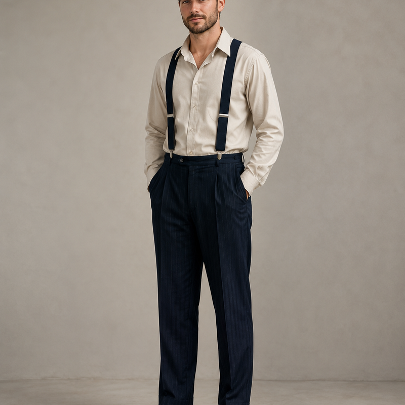 KI-generiertes 20er Jahre Herren Outfit mit Hosenträgern, Nadelstreifenhose, Hemd und Schiebermütze.