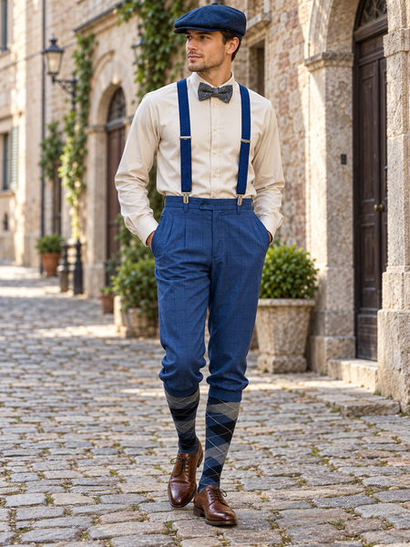 KI-Tragebeispiel eines 20er Jahre Herren Outfits mit blauer Knickerbockerhose, Hosenträgern, Fliege und Schiebermütze
