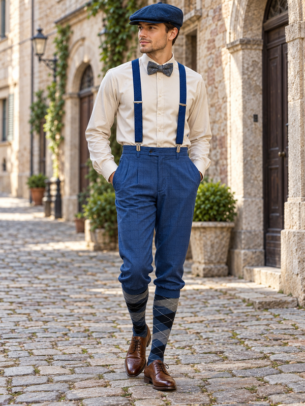 KI-Tragebeispiel eines 20er Jahre Herren Outfits mit blauer Knickerbockerhose, Hosenträgern, Fliege und Schiebermütze