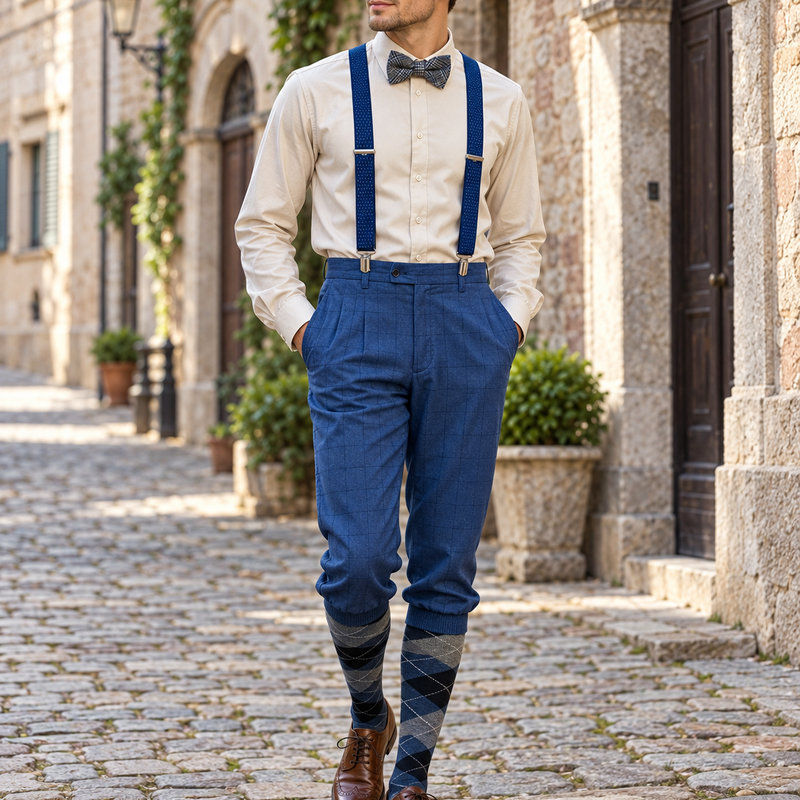 KI-Tragebeispiel eines 20er Jahre Herren Outfits mit blauer Knickerbockerhose, Hosenträgern, Fliege und Schiebermütze
