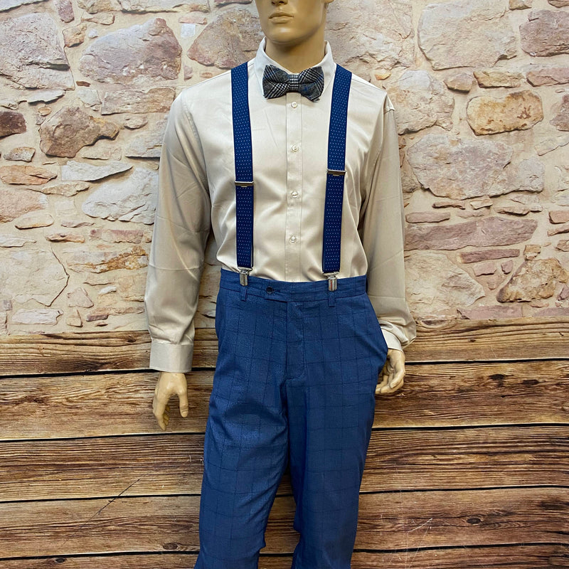 20er Jahre Herren Outfit Gr. 56 mit blauer Knickerbockerhose, Hosenträgern, Fliege und Schiebermütze