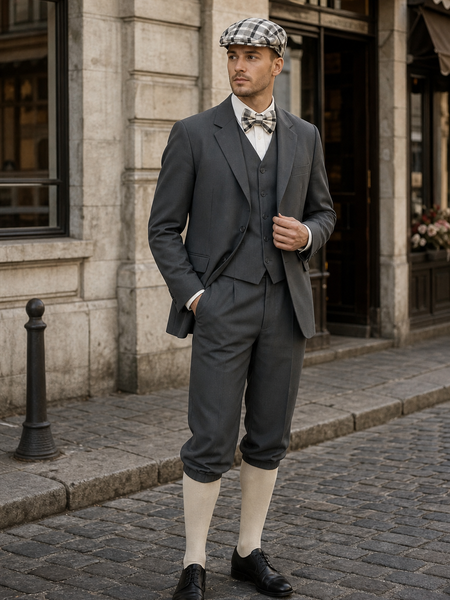 20er Jahre Herren Outfit mit Knickerbocker, Sakko, Weste, Fliege und Schiebermütze an realem Model in historischer Umgebung