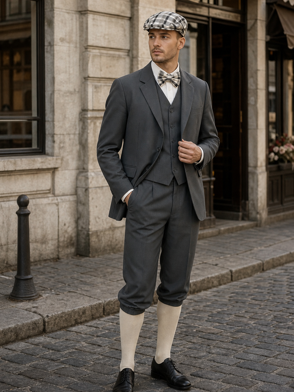 20er Jahre Herren Outfit mit Knickerbocker, Sakko, Weste, Fliege und Schiebermütze an realem Model in historischer Umgebung