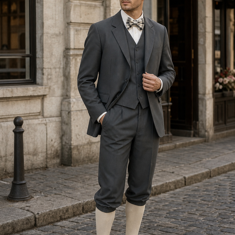 20er Jahre Herren Outfit mit Knickerbocker, Sakko, Weste, Fliege und Schiebermütze an realem Model in historischer Umgebung