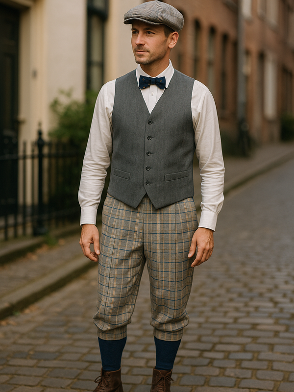 „Stilbeispiel: 1920er Herren Outfit mit grauer Weste, Knickerbocker und Schiebermütze auf der Straße (Symbolfoto)