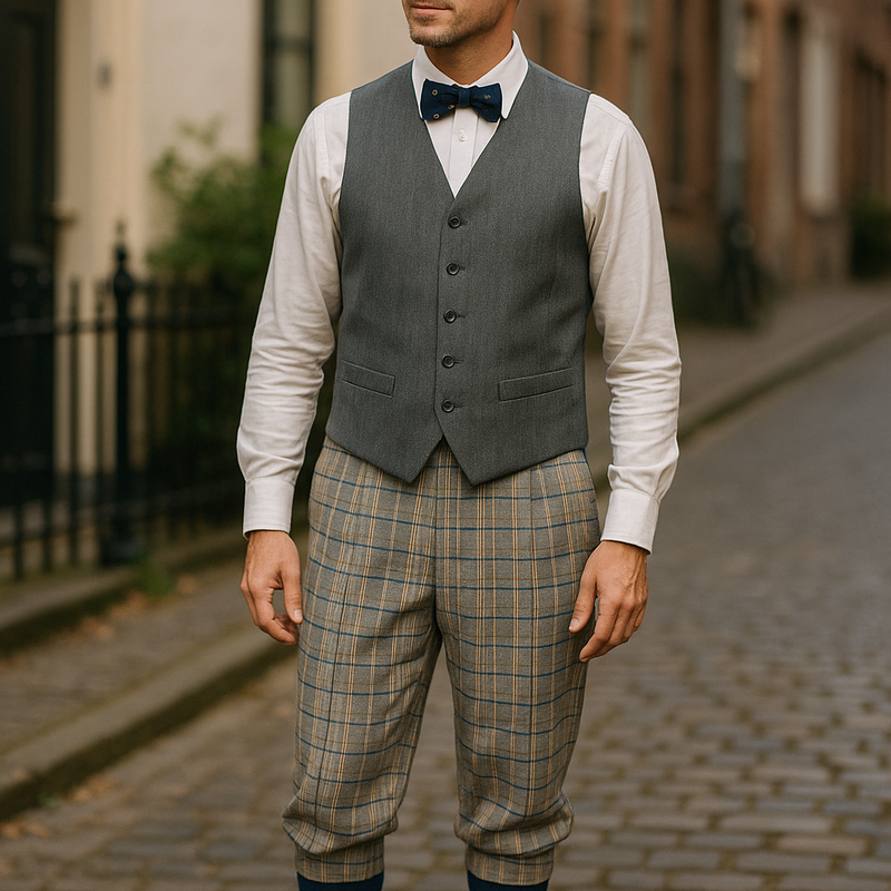 „Stilbeispiel: 1920er Herren Outfit mit grauer Weste, Knickerbocker und Schiebermütze auf der Straße (Symbolfoto)