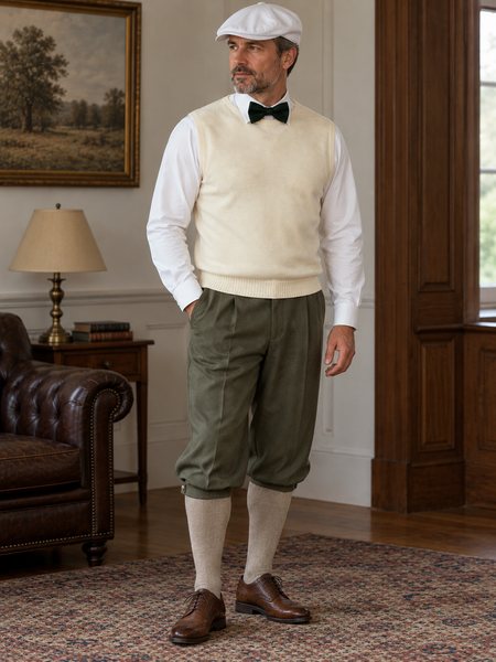 Herren Outfit im 20er Jahre Stil mit grünlicher Knickerbockerhose, cremefarbenem Pullunder, dunkelgrüner Fliege und weißer Schiebermütze am Modell