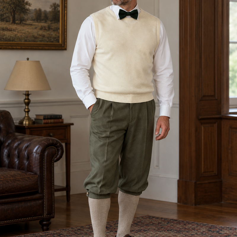 Herren Outfit im 20er Jahre Stil mit grünlicher Knickerbockerhose, cremefarbenem Pullunder, dunkelgrüner Fliege und weißer Schiebermütze am Modell